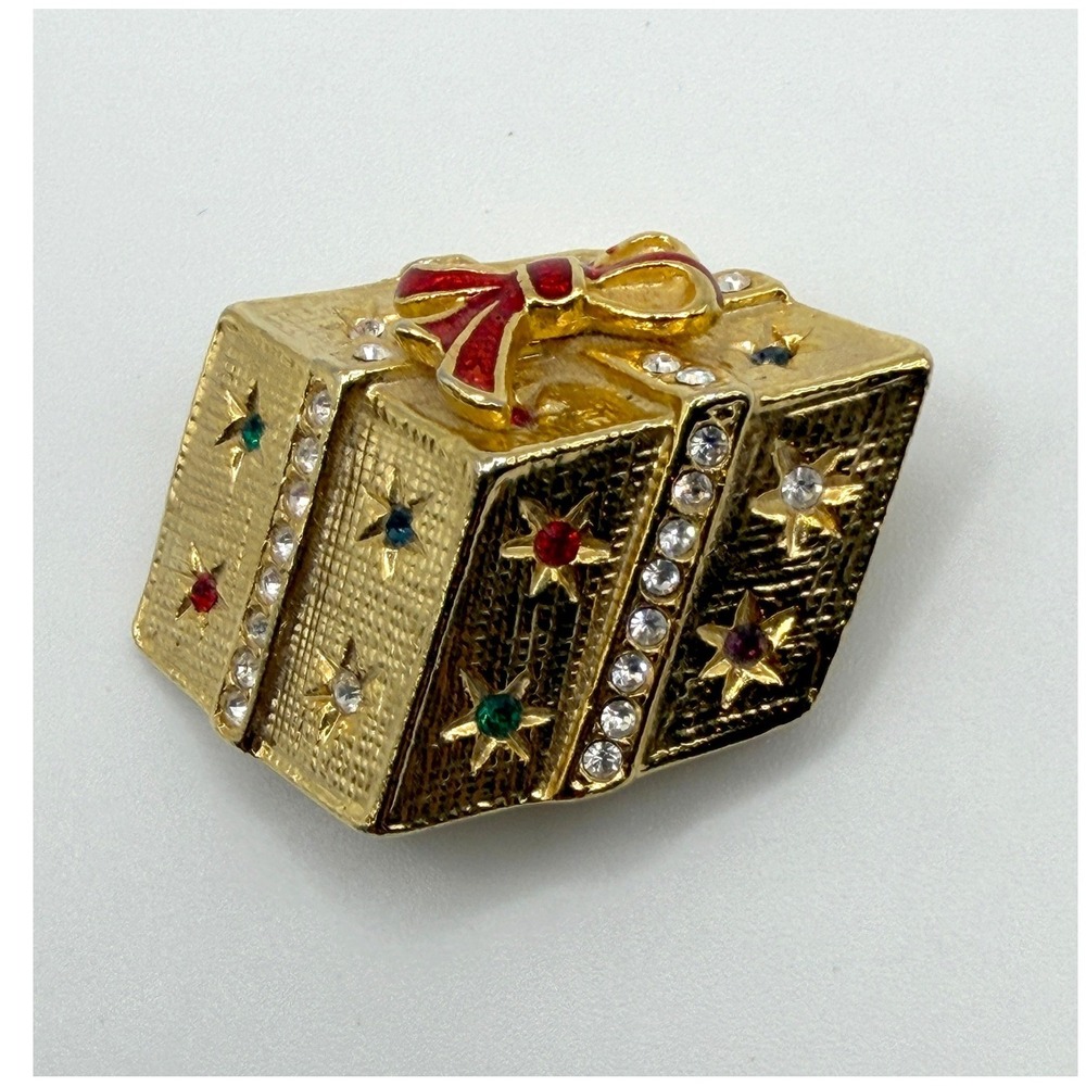 Gold Tone Christmas‎ Present Gift Box Holiday Stars Brooch Pin Jewelry